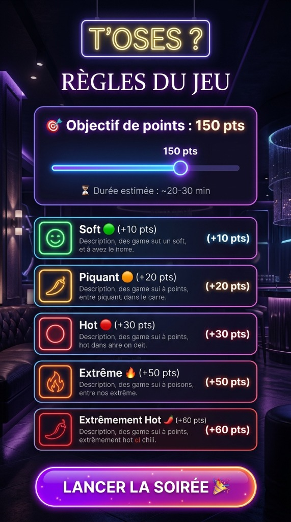 Capture d'écran T'oses ? - Règles du jeu et choix des points